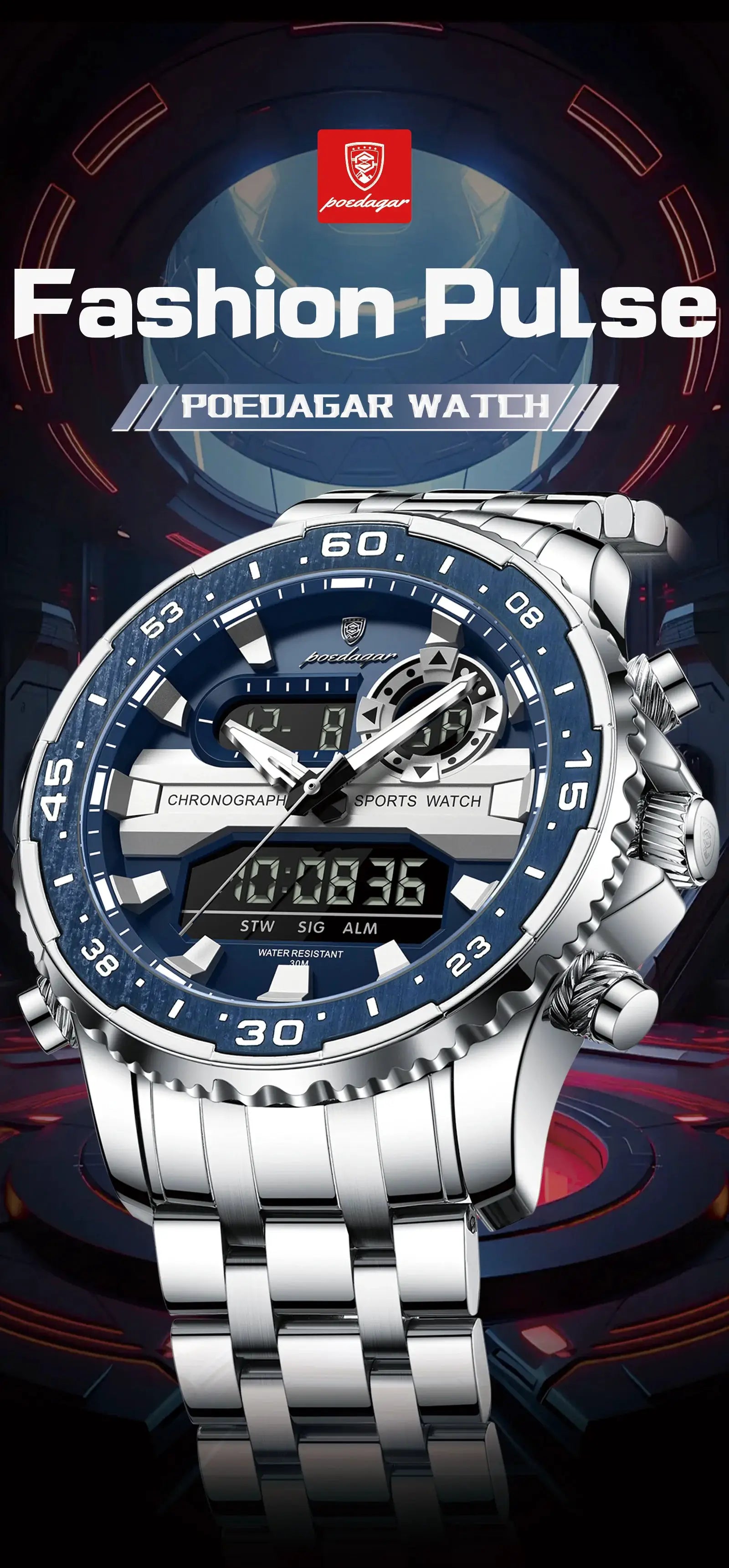 POEDAGAR men's digital LED wristwatch with blue dial and stainless steel band