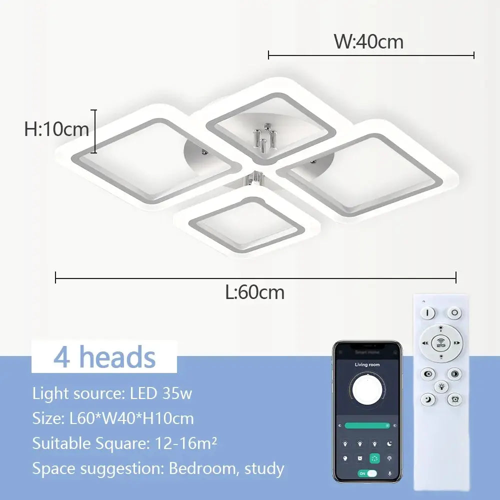 Four-head square acrylic LED ceiling chandelier by Simples Market with remote control