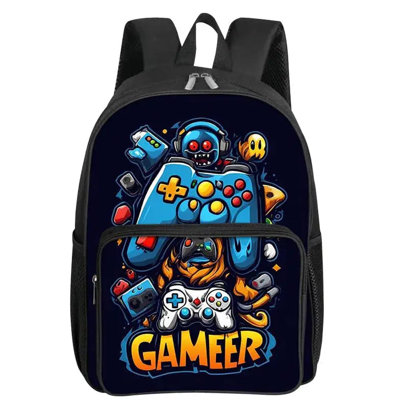 GamePad pattern backpack, black with a blue gamepad graphic and GAMER text on the front pocket