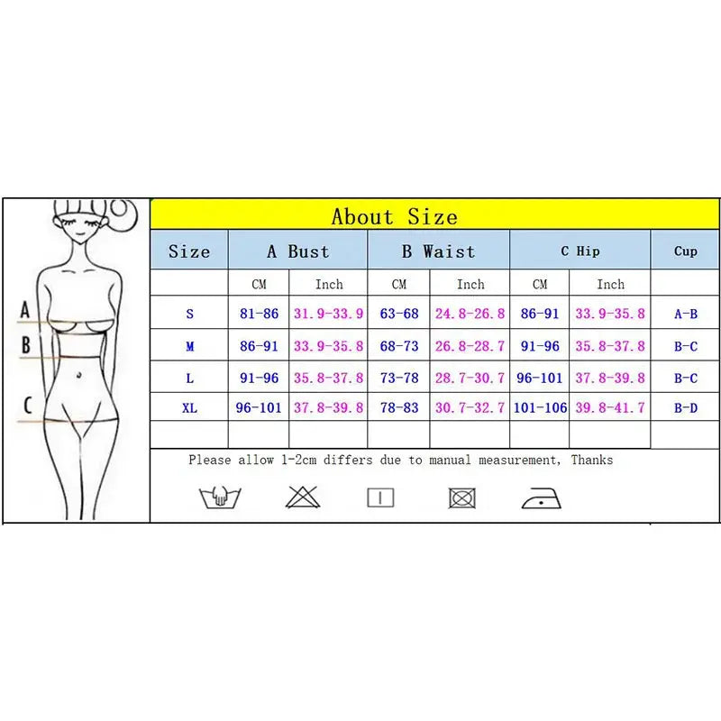 Micro bikinis swimsuit size chart with body diagram and A Bust, B Waist, C Hip measurements.