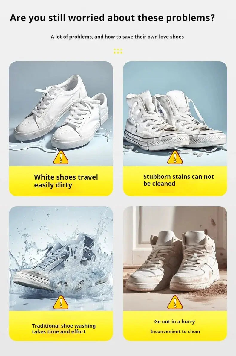 Shoes cleaner foam kit 150ML water-free sneaker cleaner; four pairs of white and beige sneakers shown