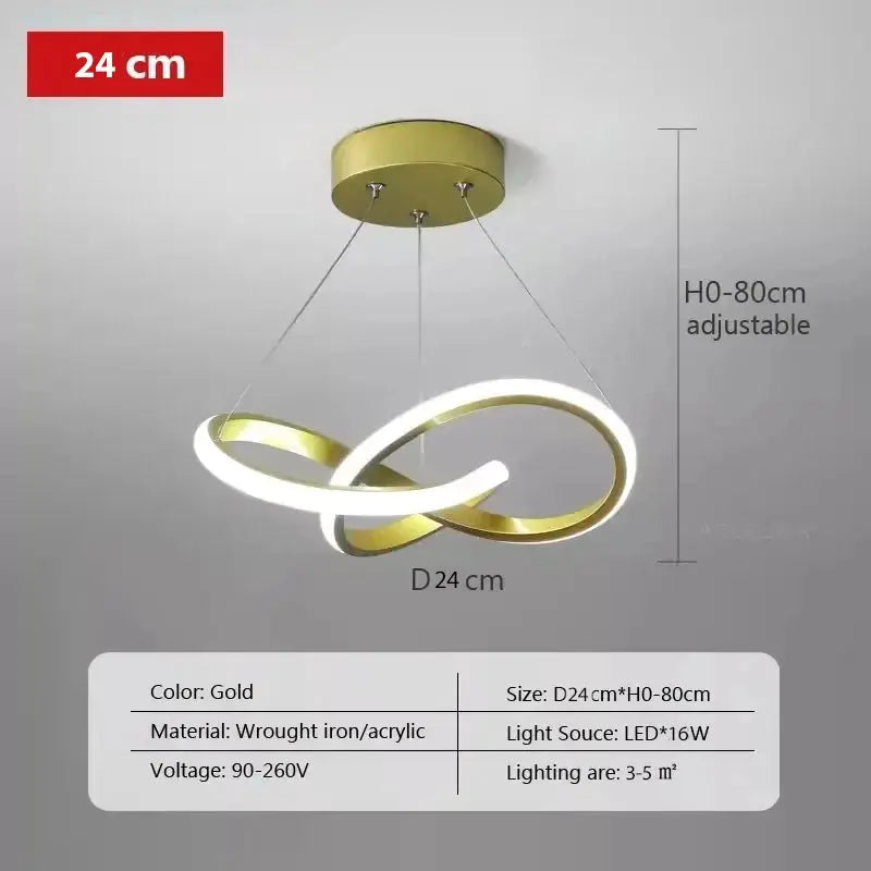 Nordic LED ceiling pendant lamp with gold intertwined rings, 24 cm dia, 0-80 cm adjustable