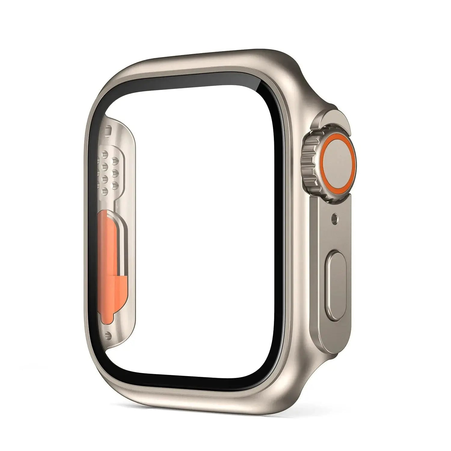 Glass+Case bumper for Apple Watch with screen protector, gold-tone frame and orange crown ring