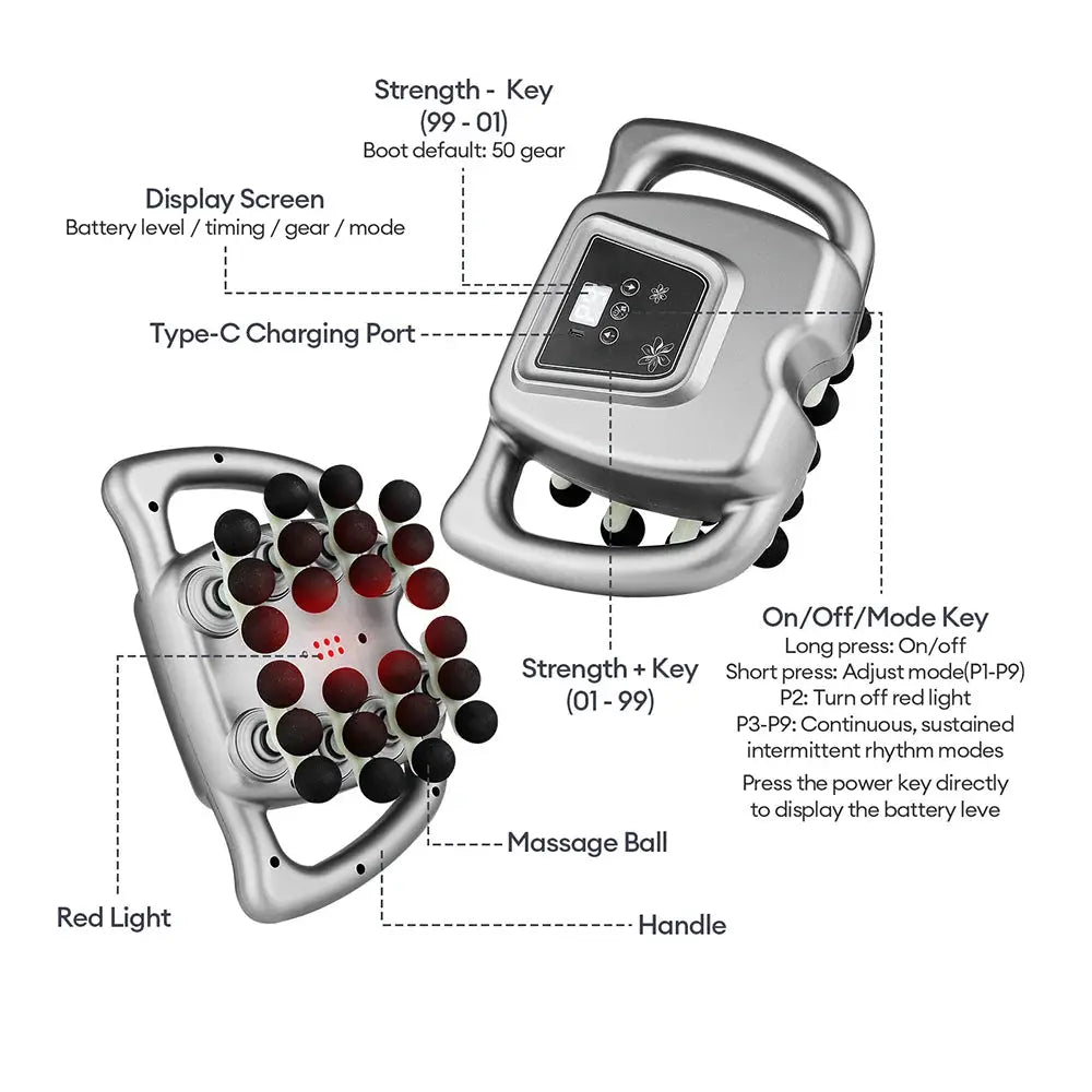 Simples Market 42-head fascia gun; silver handheld high-frequency body massager with massage balls and red light.