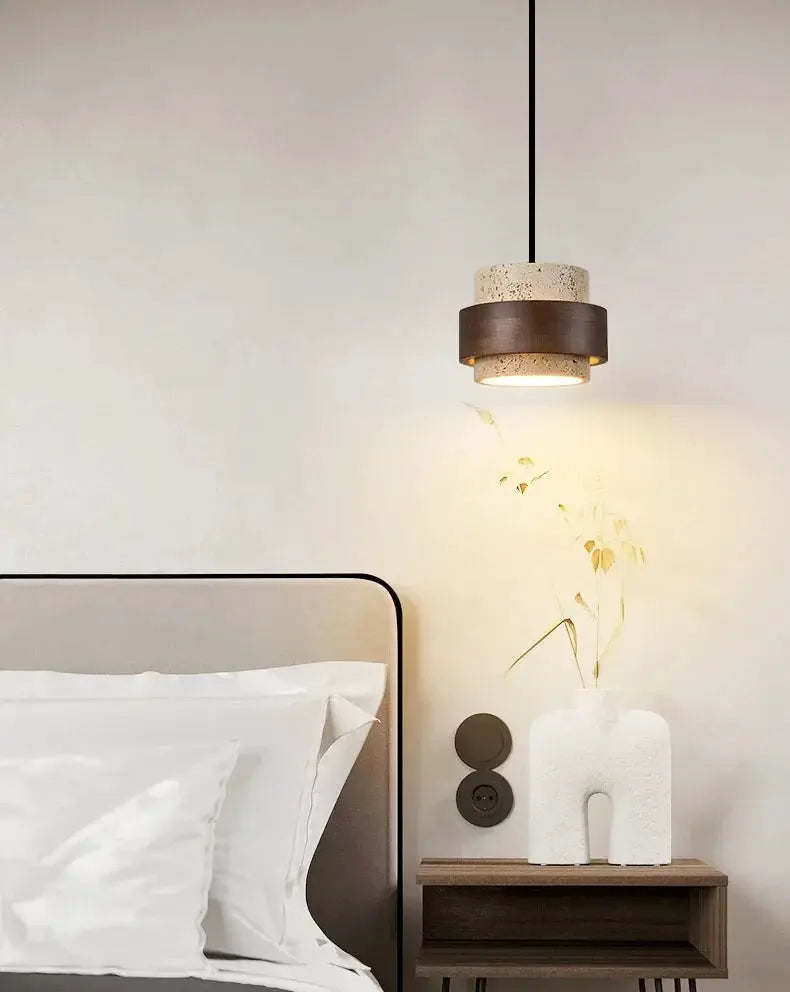 Japanese Wabi Sabi style bar pendant lamp by Simples Market; warm bedside glow in a minimalist bedroom.