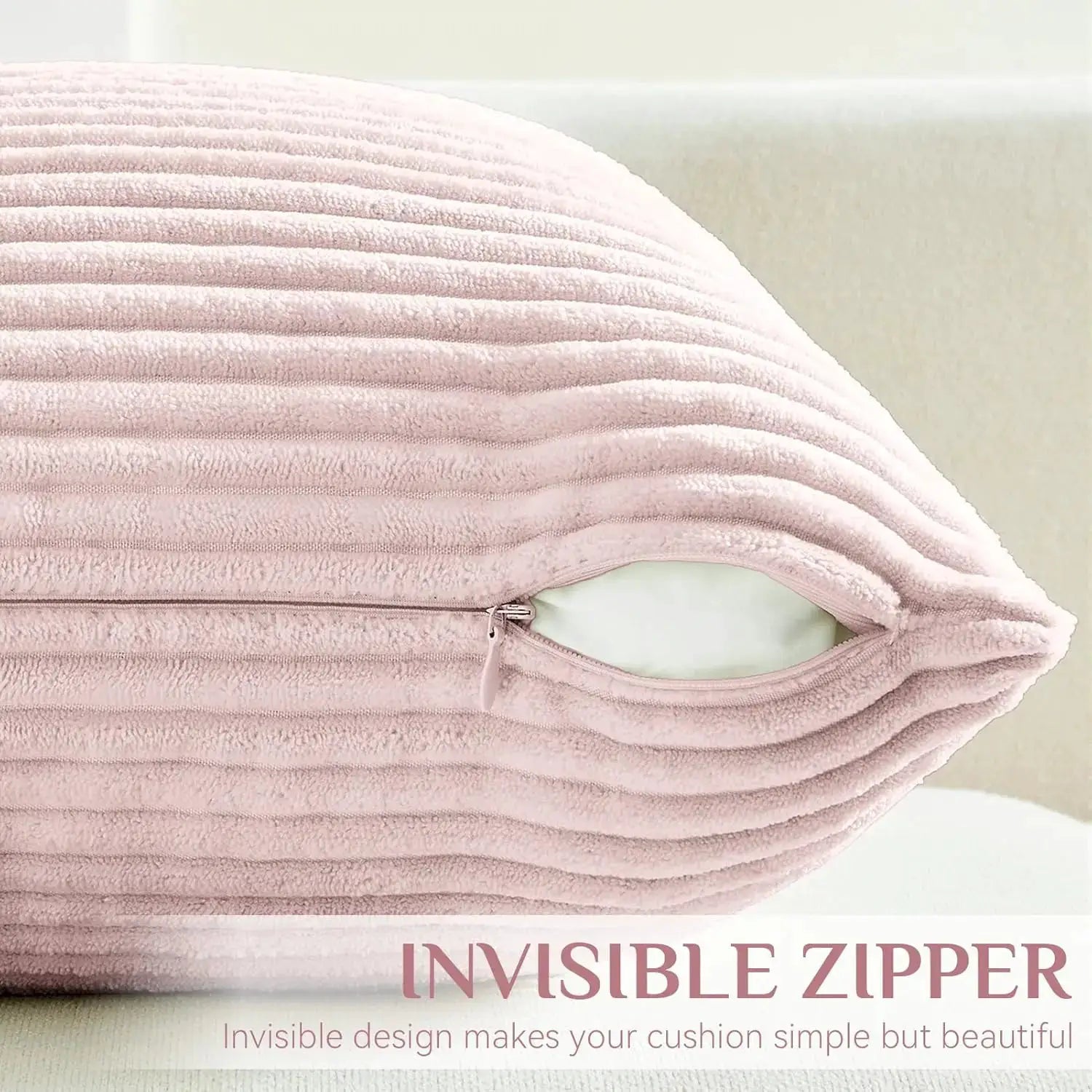Pillow cover lilac pink soft corduroy with invisible zipper; plush texture for modern couch, sofa or bedroom decor