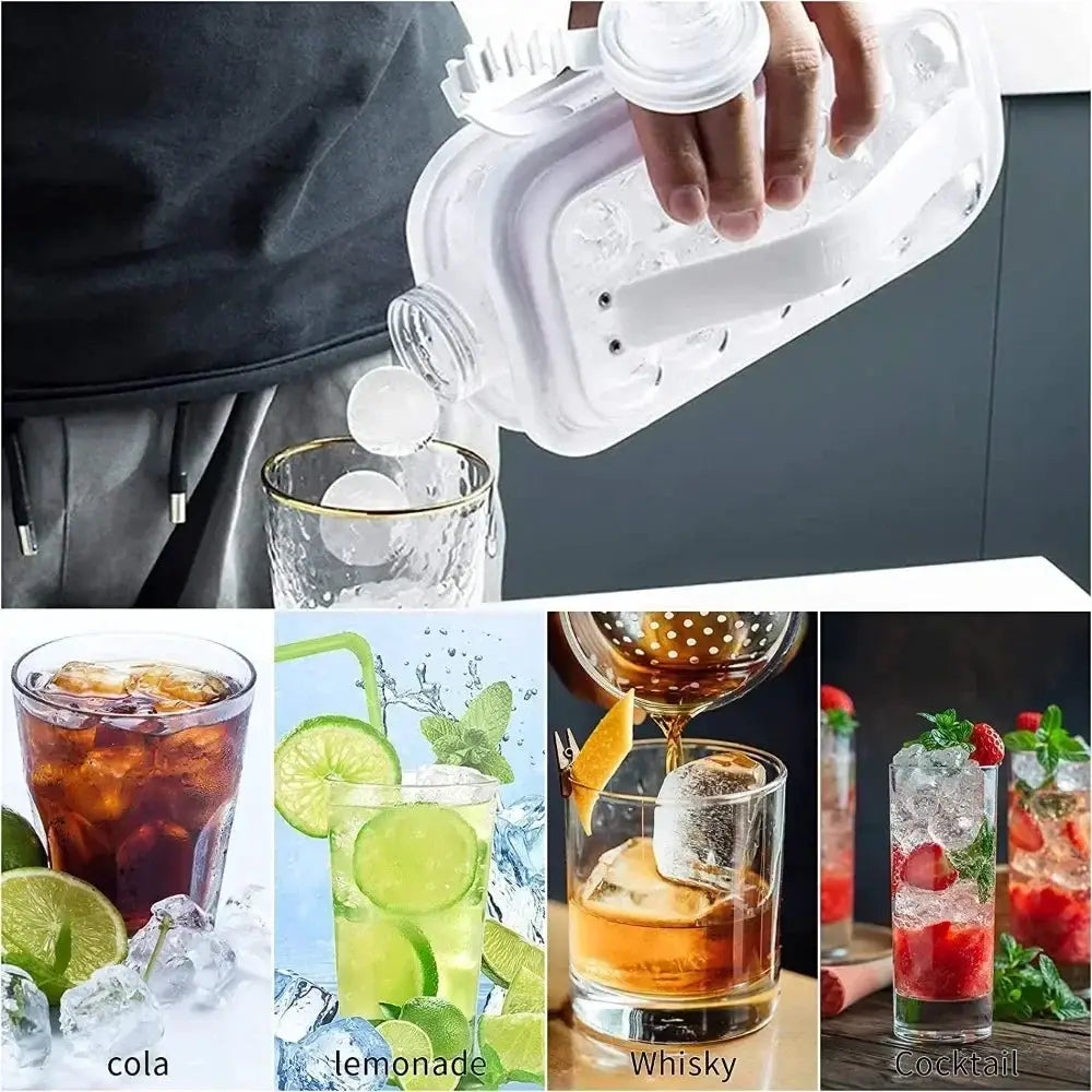 Simples Market portable 2-in-1 folding ice maker water bottle with ice cube mold, white plastic gadget; four drink ideas shown.