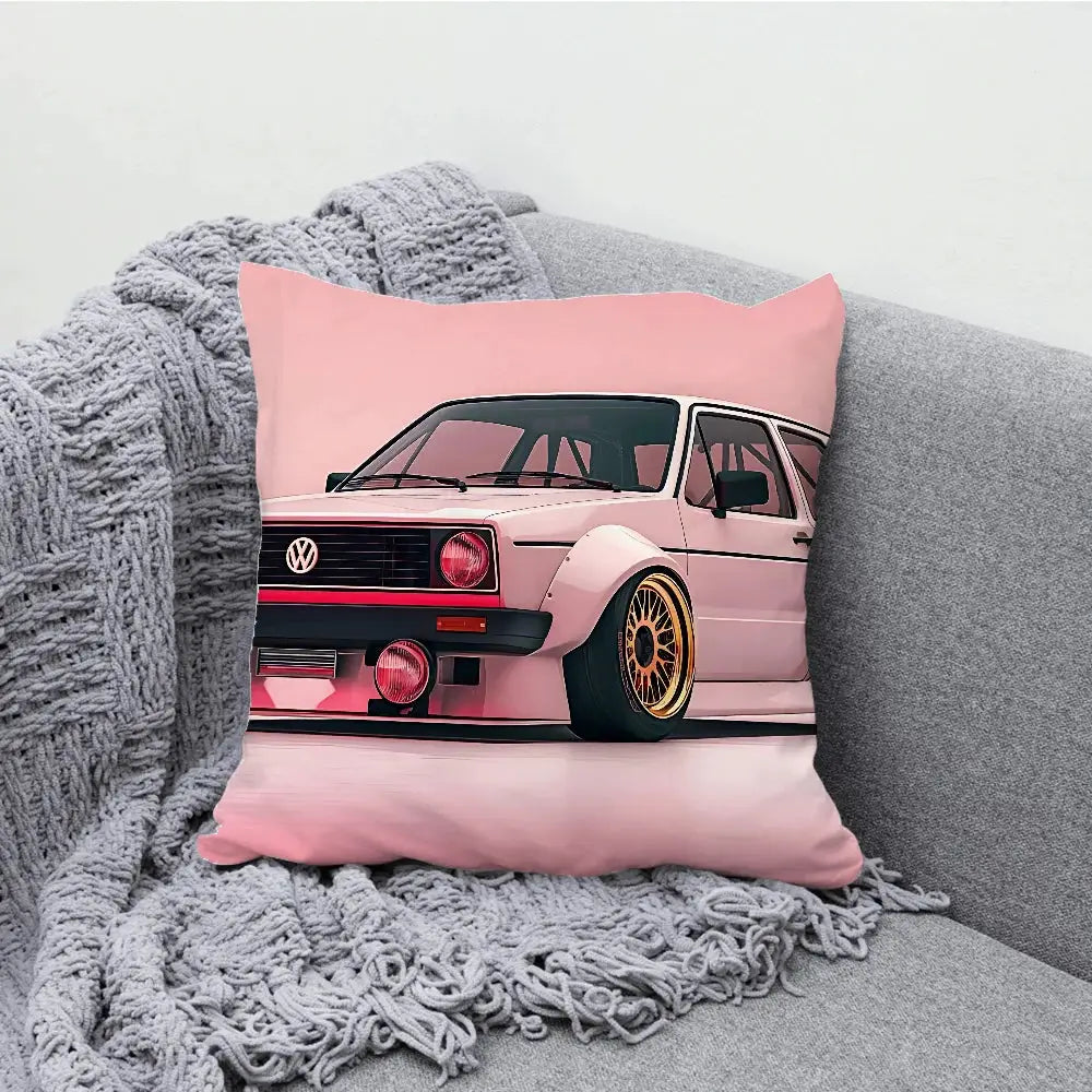 G-GTI car pillow case with pink background and vintage VW car design for sofa decor