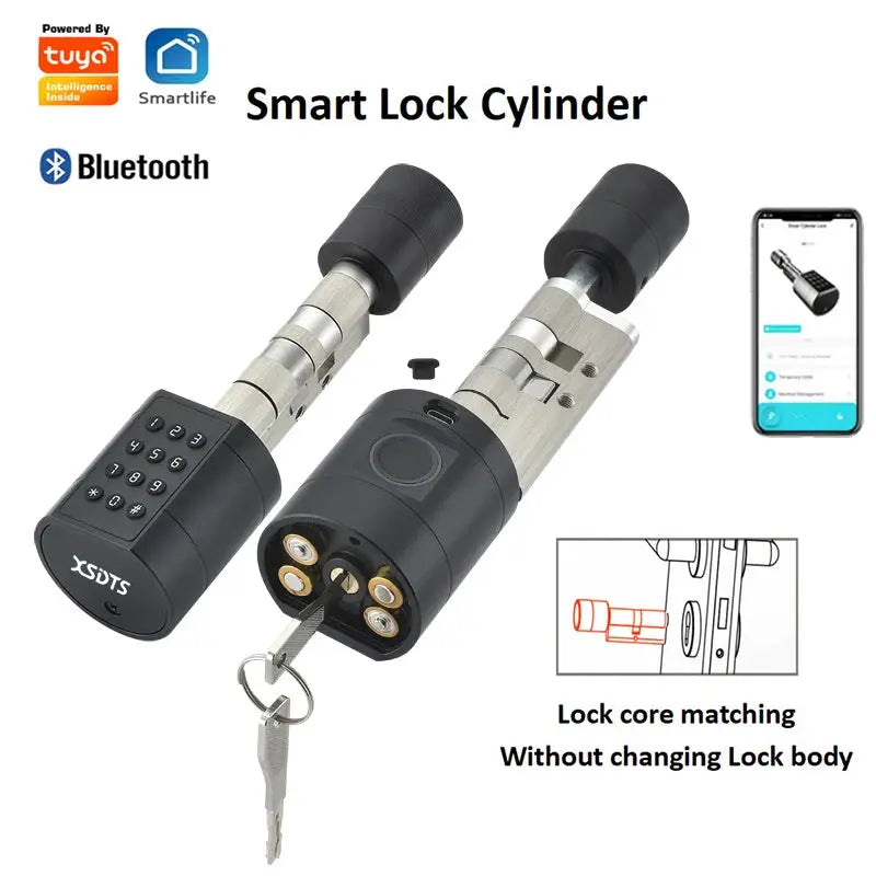 Smart lock cylinder by Simples Market with fingerprint sensor and keypad, Bluetooth app control