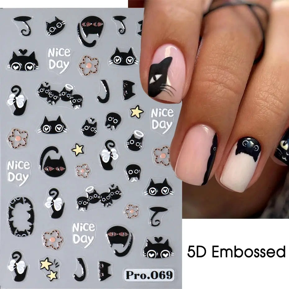 2pcs black cat nail stickers sheet with 3D embossed self-adhesive cartoon designs for manicure
