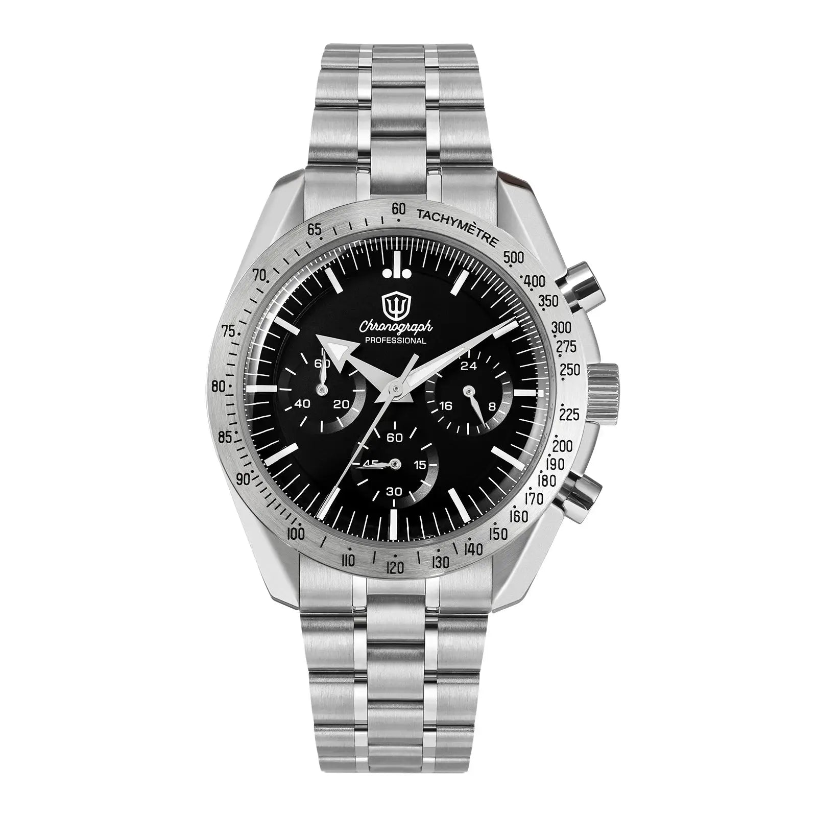 Watchdives WD1863 chronograph watch, stainless steel case and bracelet with black dial and tachymeter bezel