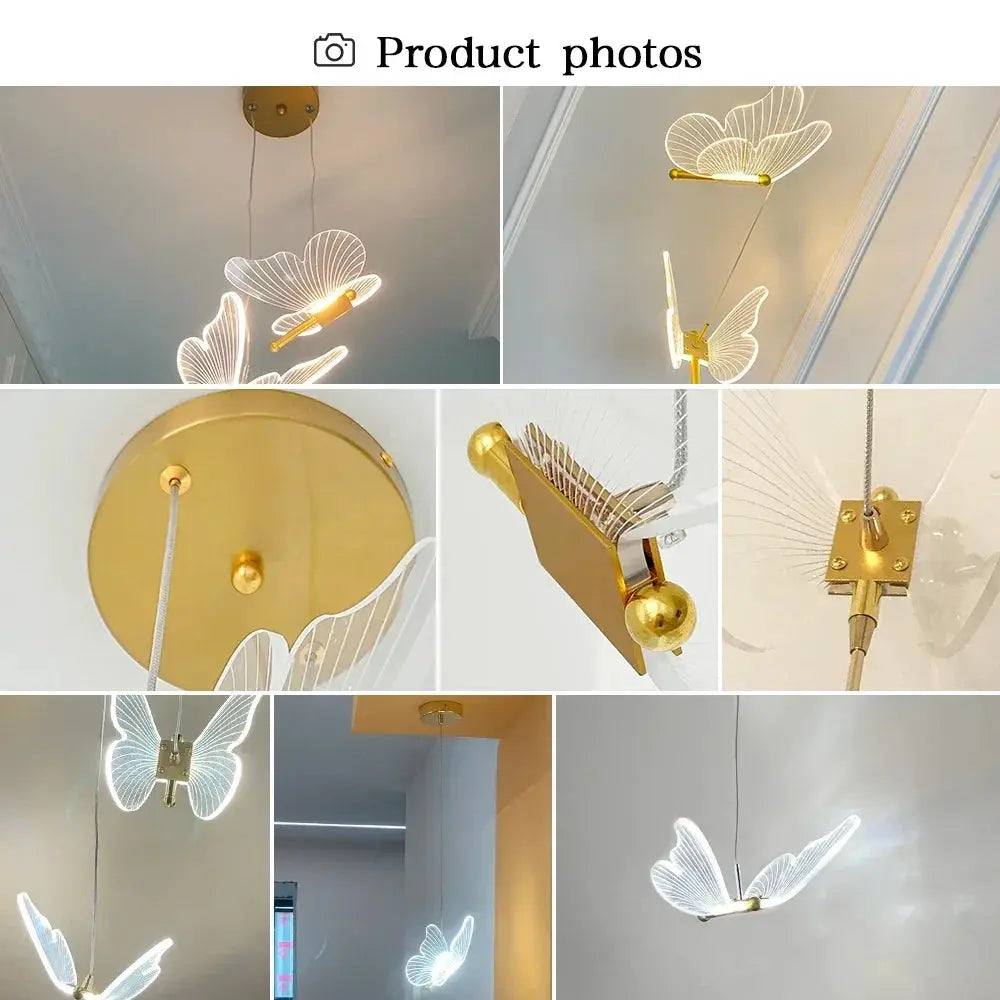 LED modern butterfly pendant light by Simples Market; gold ceiling mount with translucent butterfly wings