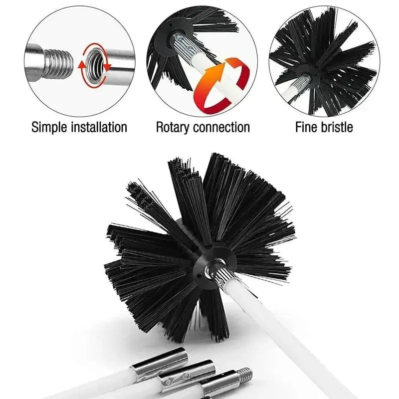 Flexible chimney sweep brush kit with black nylon bristles, rotary connection, and metal rods
