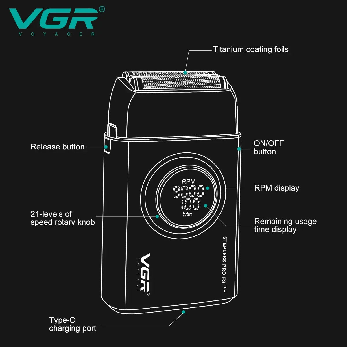 VGR men's electric shaver with alloy body, 3 blades, LED digital RPM display, 9000 RPM, Type-C charging