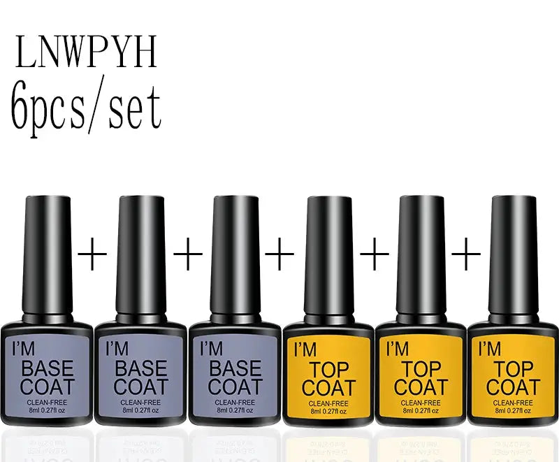 Six-bottle gel nail polish kit with three blue base coats and three yellow top coats