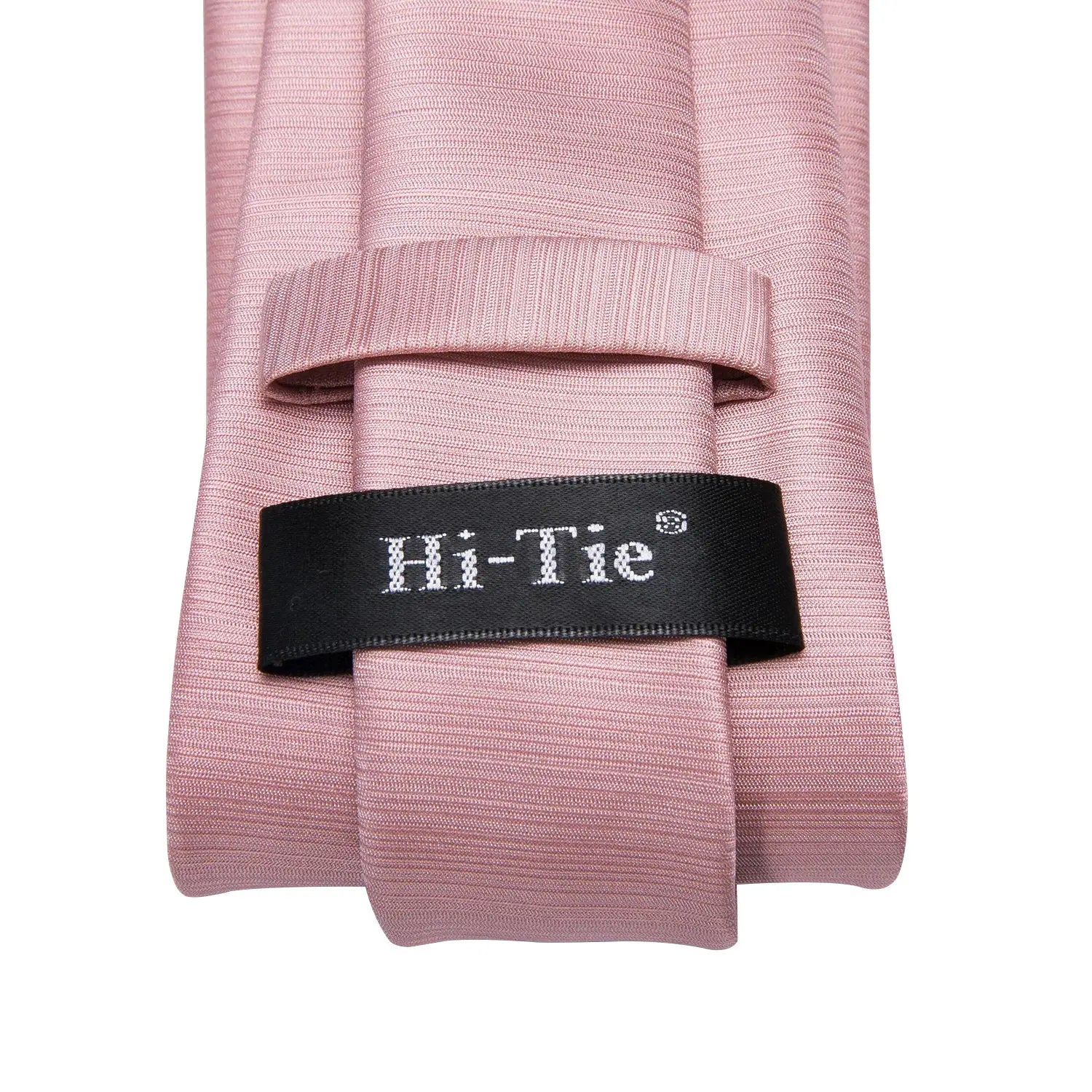 Hi-Tie pink men's tie with black brand label on textured fabric