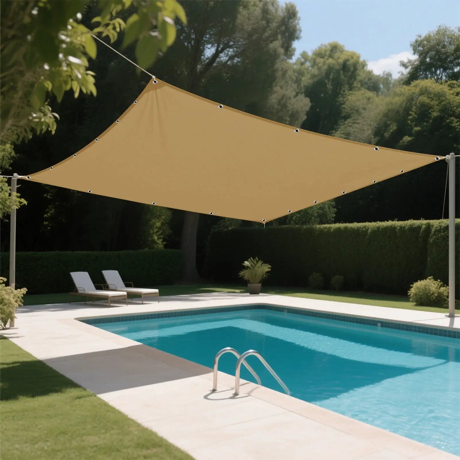 Sun shade sail, beige waterproof UV-blocking outdoor canopy by Simples Market for patio or pool.
