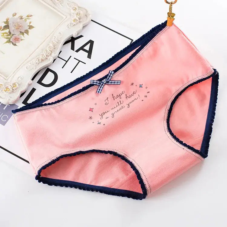 Women’s pink cotton seamless panties with navy trim and bow, cartoon print, Simples Market