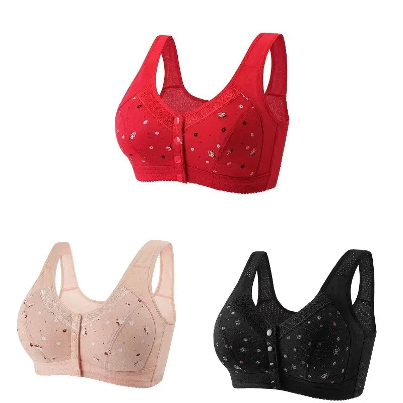 FallSweet 3Pcs Front Closure Bra set for women by Simples Market in red, blush nude, and black floral lace.