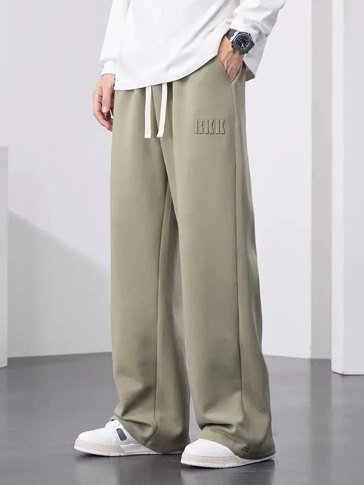 Men's wide-leg cotton track pants with drawstring in olive, casual baggy sports trousers (8XL)