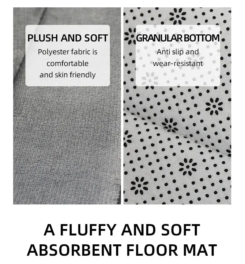 Bathroom coral velvet anti-skid mat with plush gray top and granular anti-slip bottom