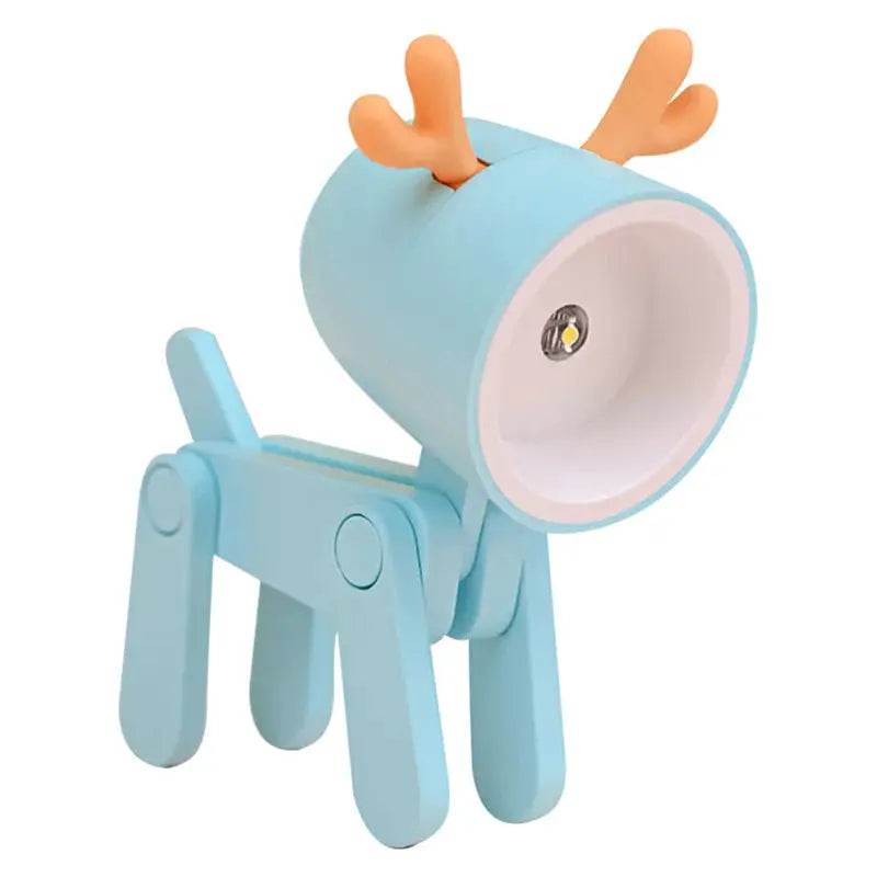 Mini blue LED night light folding desk lamp in cartoon deer-dog shape with orange antlers.