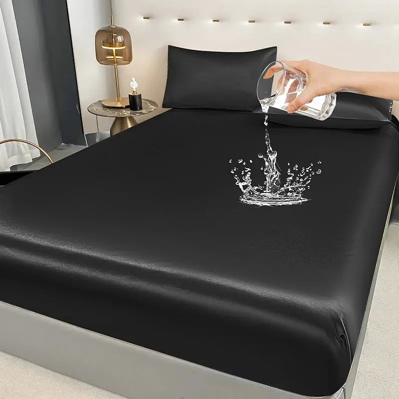 Waterproof fitted bed sheet with elastic band, black; anti-slip mattress cover.