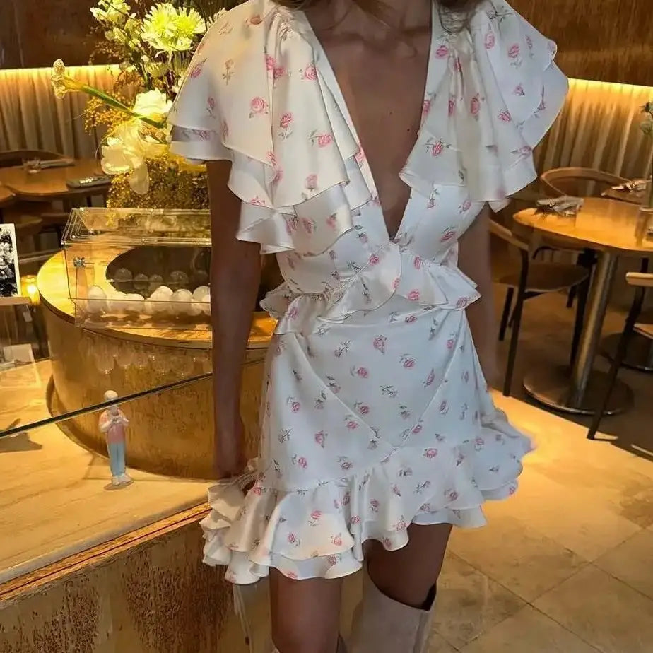 Women's 2026 Spring Summer Ruffled Floral Short Skirt Dress V Neck