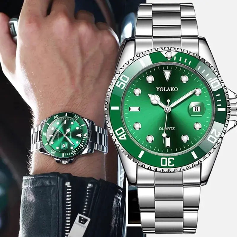 Ghost Sport Mens Quartz Wristwatch Green Dial With Full Calendar Steel Alloy Band For Business Casual