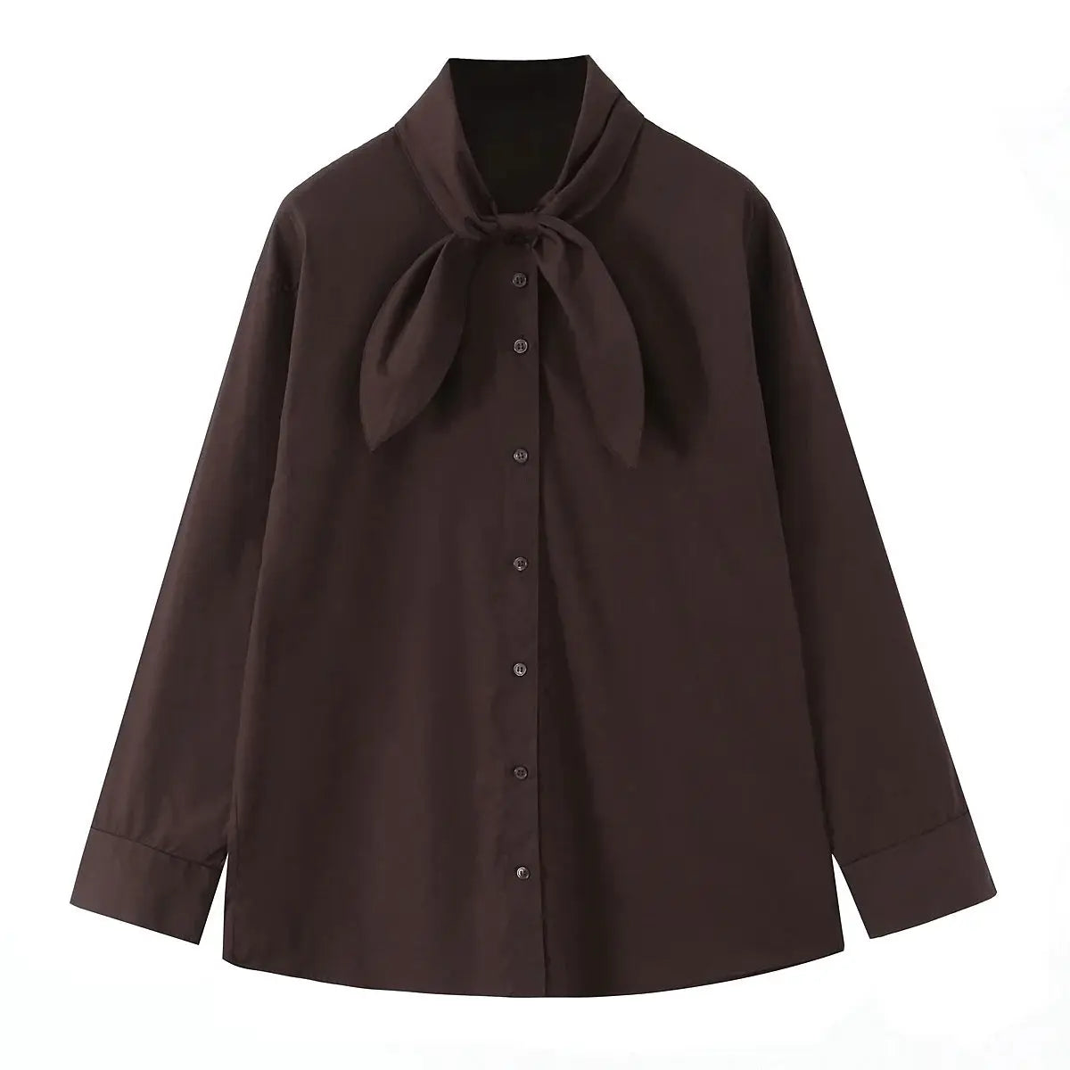 NLZGMSJ women's scarf blouse; dark brown button-down shirt with a large neck bow and long sleeves