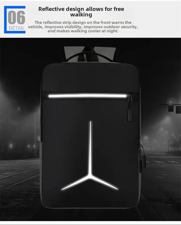 Backpack, black waterproof laptop backpack with reflective front Y-shaped strip.