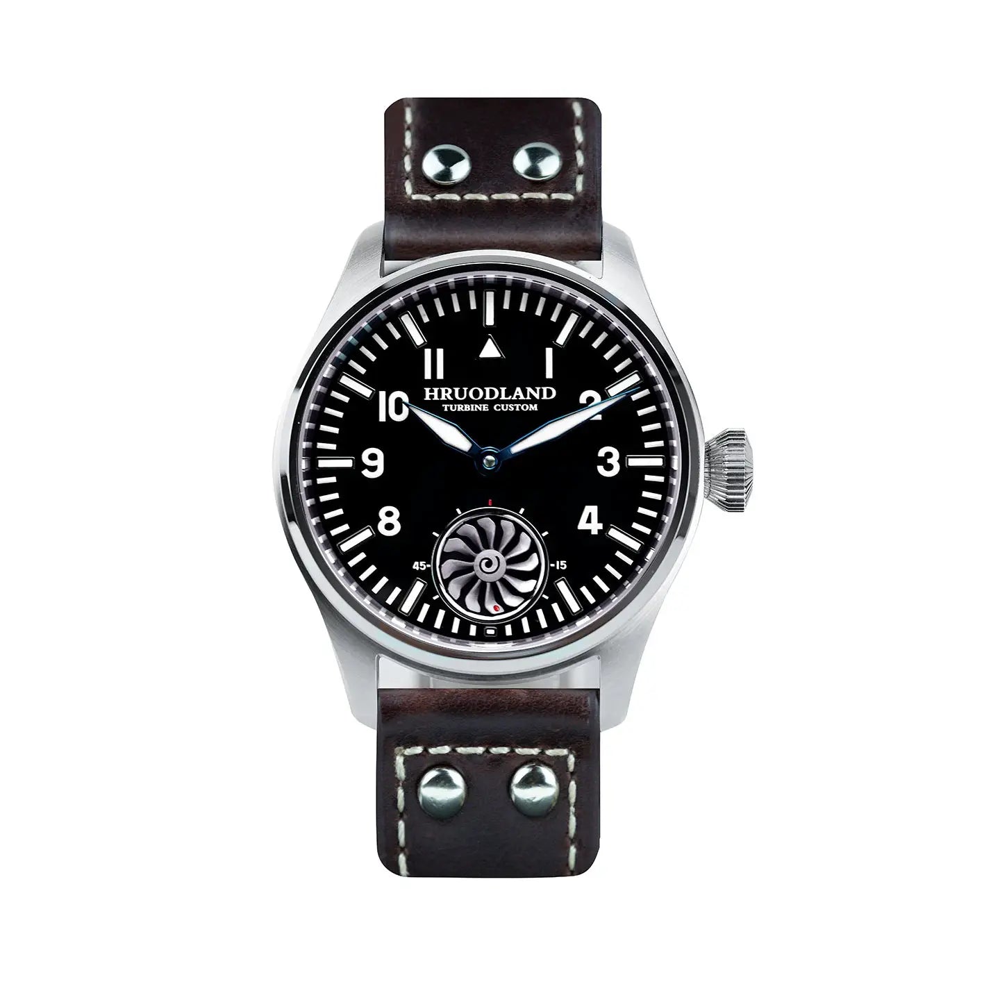 Hruodland Pilot watch with black dial, white numerals, blue hands, stainless steel case, brown leather strap.