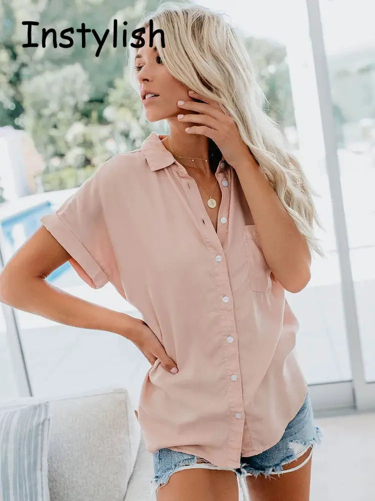 Women Elegant Blouse Short Sleeve Turn Down Collar Loose Tunic Tops
