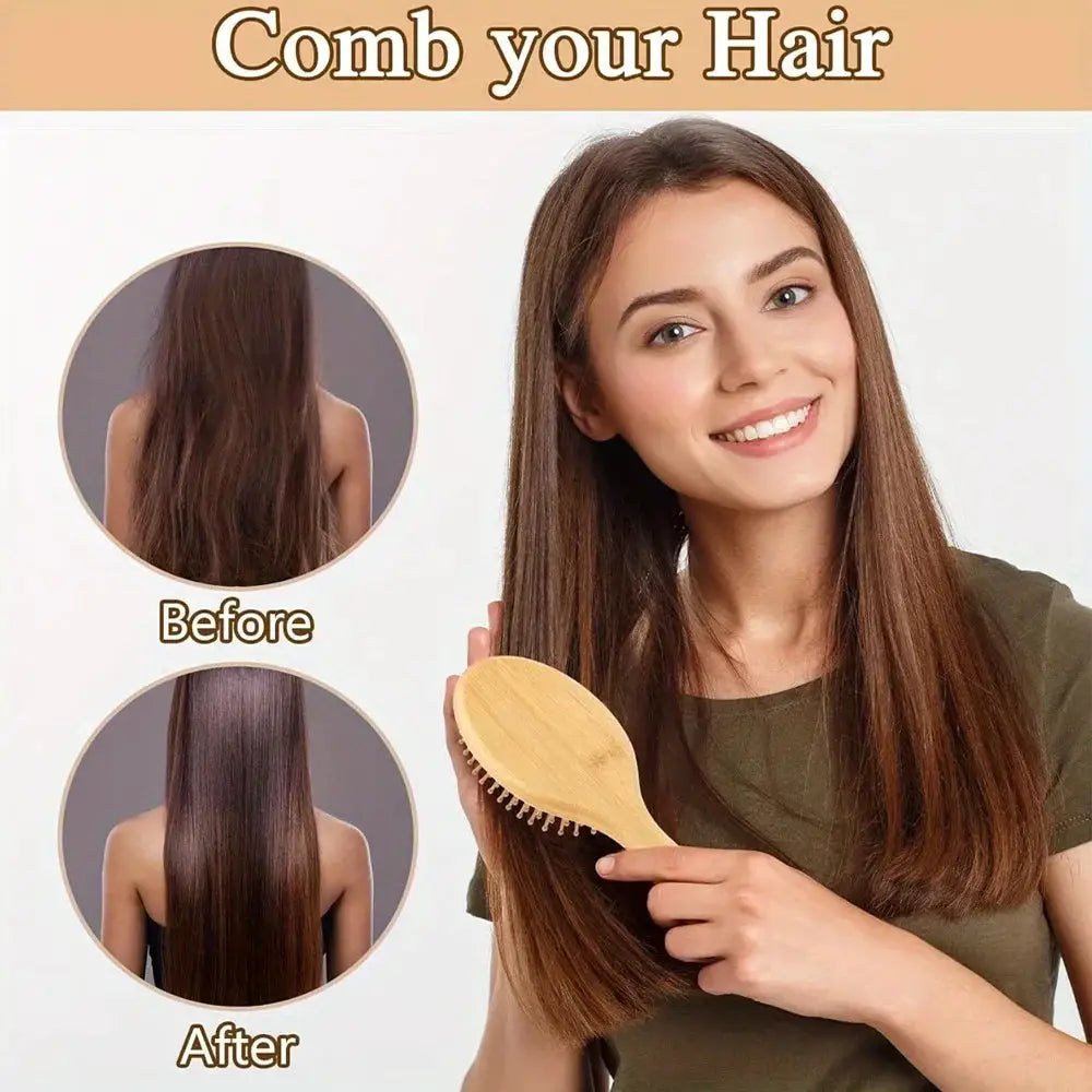 Natural Bamboo Paddle Comb With Air Cushion Anti Static Tangle Free Scalp Massage For Real Hair Wigs