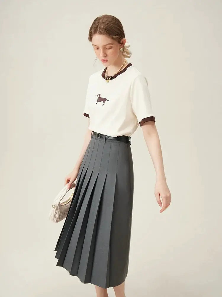 FSLE 2025 women's grey pleated long skirt with zipper waist for office wear Simples Market