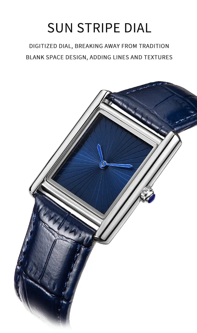 Square waterproof wristwatch for men and women with blue sunburst dial and blue leather strap