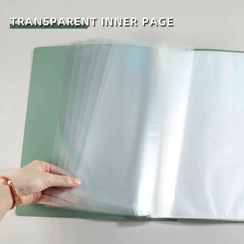 Simples Market A4 side-loading document folder with transparent inner pages and dividers; green cover.