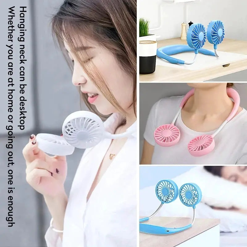 USB Portable Neck Fan Hands Free Dual Mini Sports Fan 3 Speed Adjustable Rechargeable 360 Degree Rotation