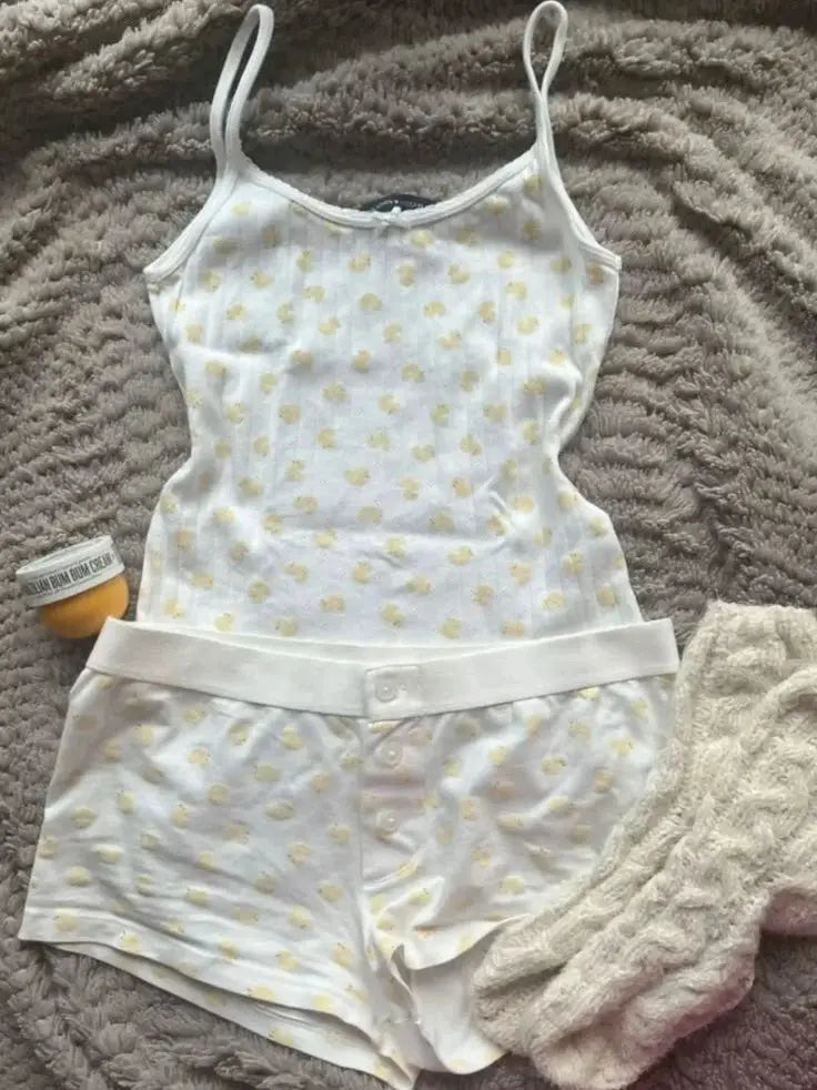 Strawberry Print Vest And Shorts Set For Women Eyelet Bow Tank Top