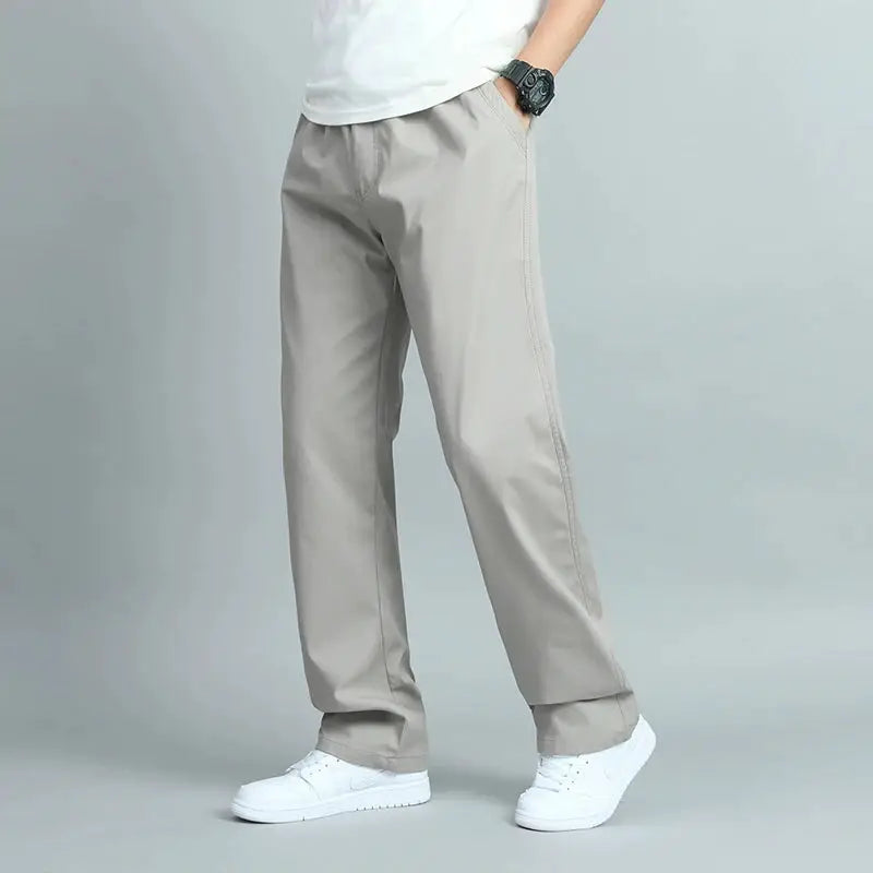 Big Size men's casual cotton trousers in light gray, loose-fit straight pants.