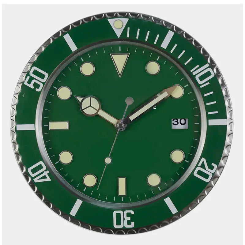 Wall clock, 34cm, green dial with luminous markers, metal bezel and date window