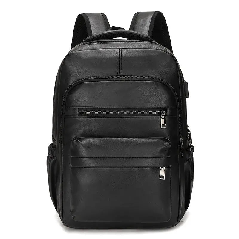Professional USB Charging PU Leather Backpack in sleek black with multiple compartments for organization.