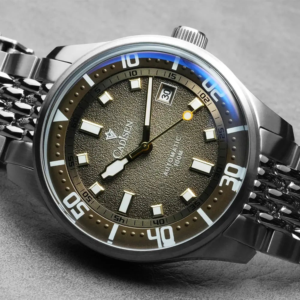 CADISEN automatic mechanical men's watch in silver stainless steel with domed glass, brown dial and date window.
