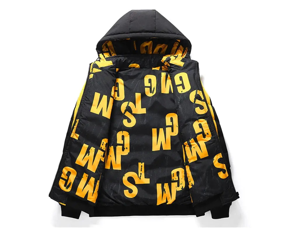 DIMUSI padded hooded jacket in black with bold yellow graphic letters