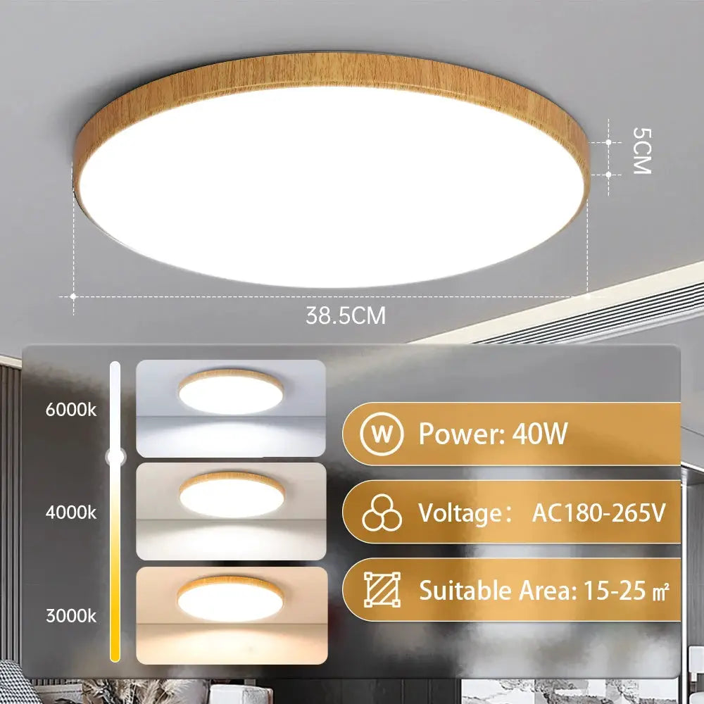 Round golden wooden-ring LED ceiling lamp by Simples Market, 40W, AC180-265V, suitable for 15-25 m².