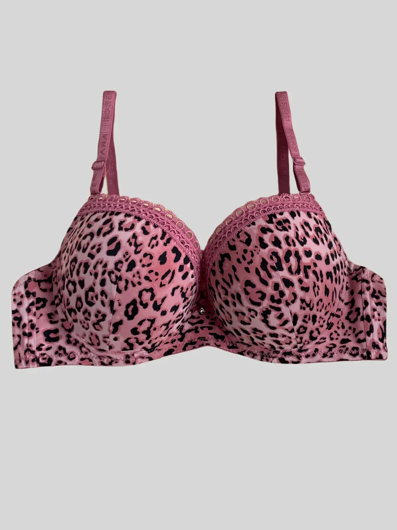 Diana Rose leopard print push-up bra, pink with lace trim, steel ring, Simples Market, B cup