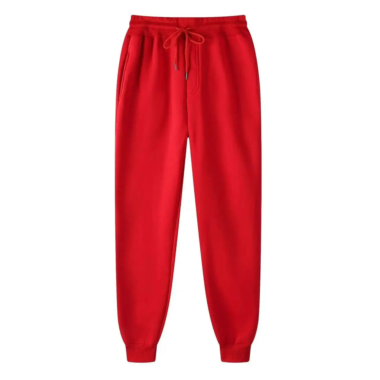 Men's red solid-color jogger pants with drawstring waist, side pockets, cuffed ankles