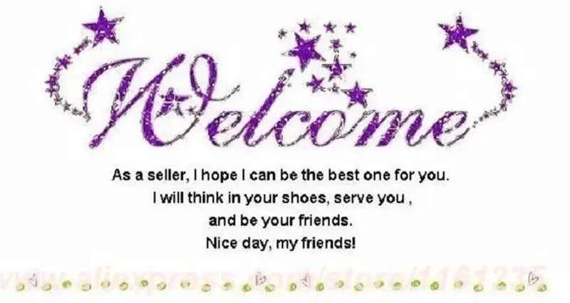 Decorative welcome banner with purple stars and cursive Welcome text.