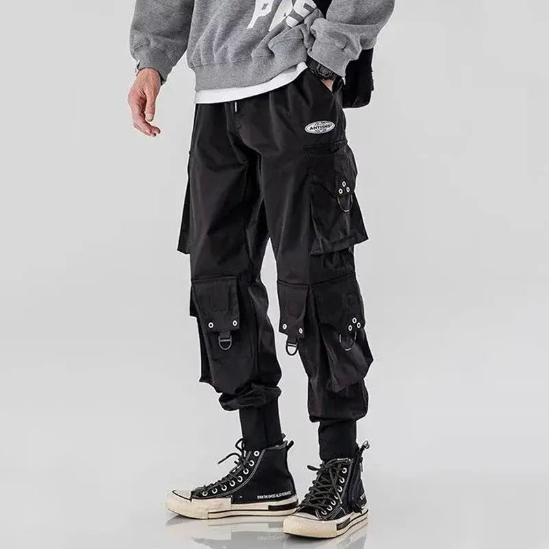 Simples Market men's black cargo pants with quick-dry ice silk fabric and multiple cargo pockets