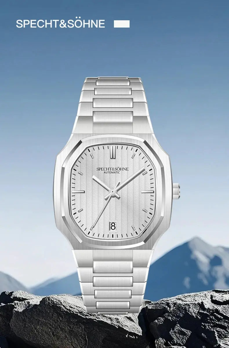 Specht&Söhne stainless steel watch with silver dial, 37mm automatic, 50m water resistant